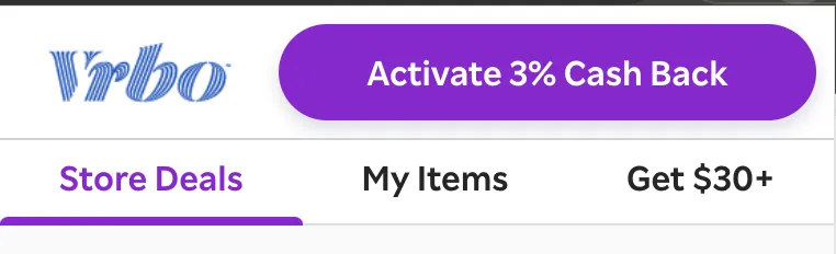 VRBO cash back pop-up from Rakuten.com - VRBO cashback