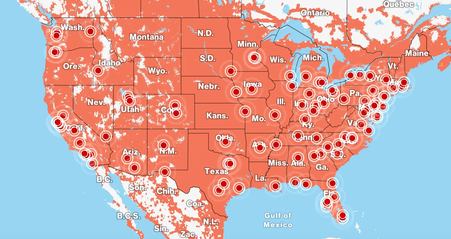 Verizon Wireless map of US coverage.