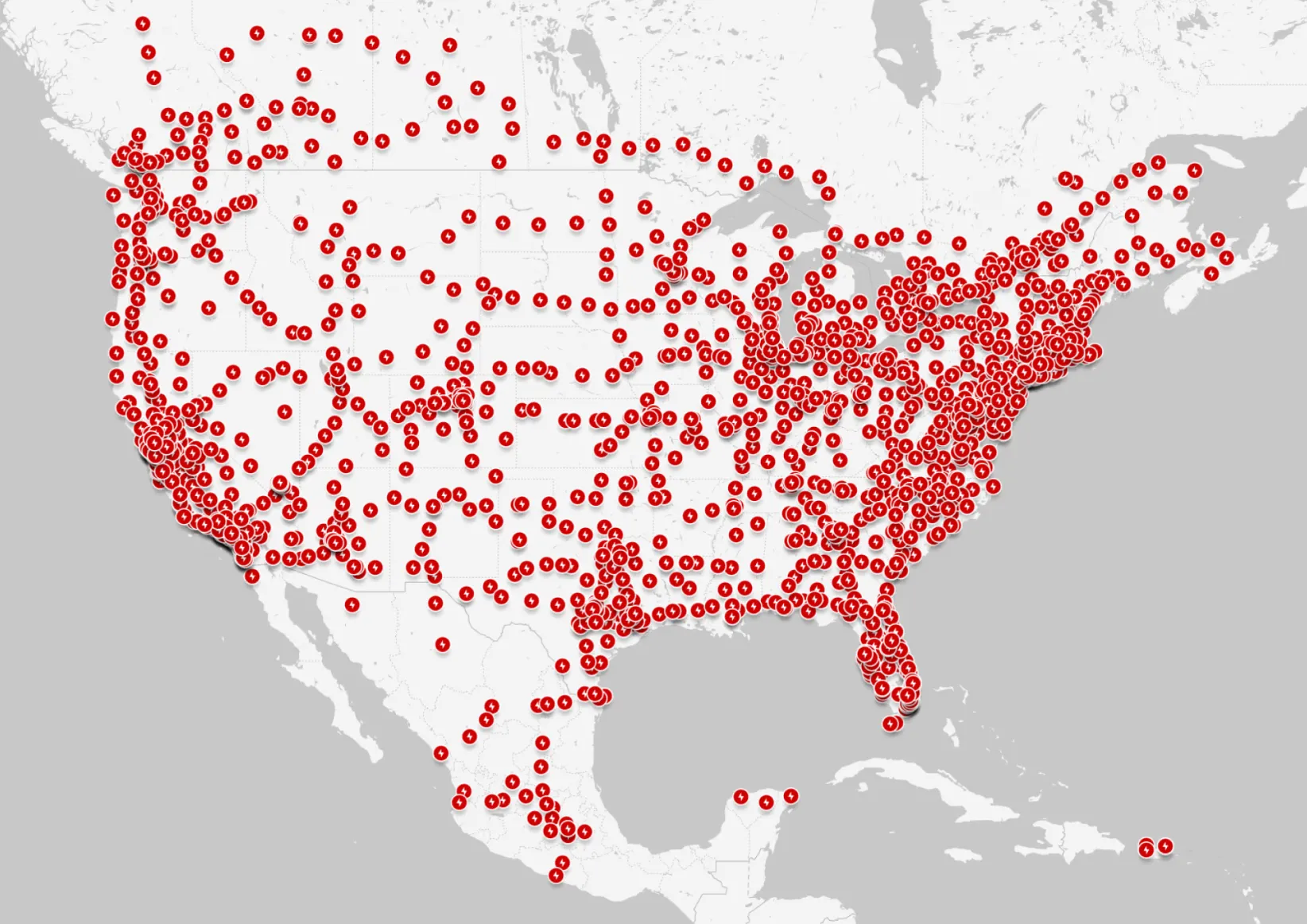 Map of Tesla super chargers over North America.