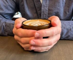 Flat white coffee at roastery